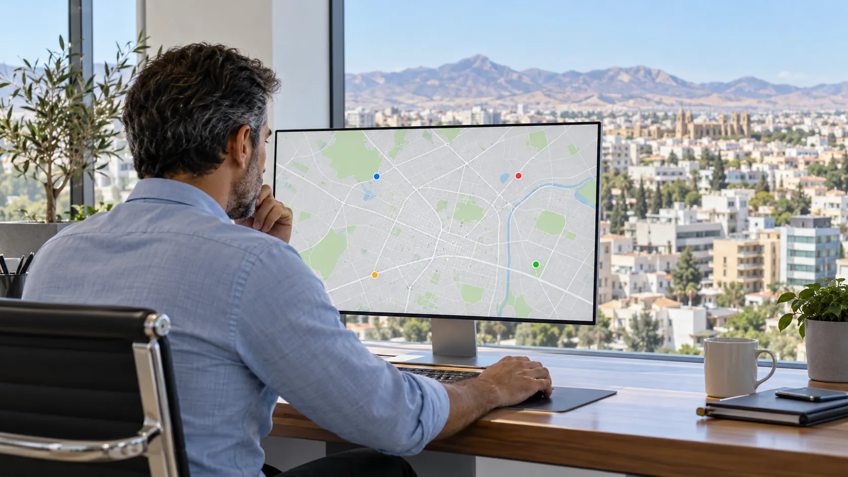 Office worker reviewing a vehicle map on a screen.